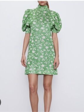 Zara green and beige jacquard mini dress , balloon sleeves, and a mock neck.